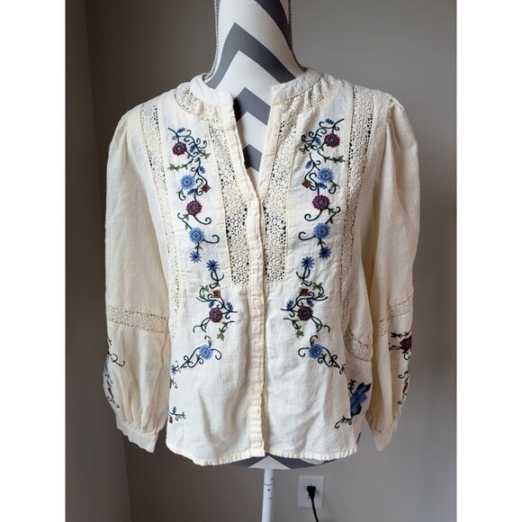 Jennifer & Grace Tops - Jennifer & Grace Small Floral Embroidered Cotton Boho Blouse Crochet Lace Top
